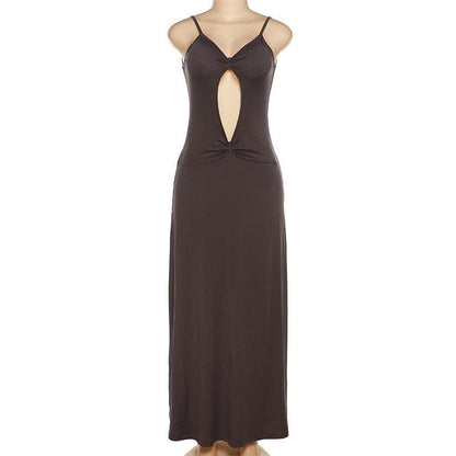 Sweetheart Neck Spaghetti Strap Center Cutout Gathered Waist Maxi Dress