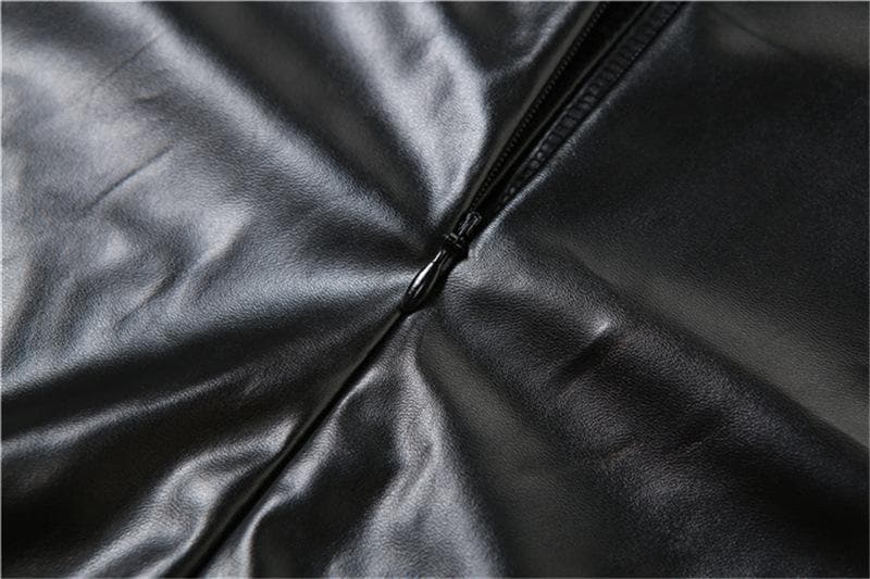 PU Leather Bustier Halter Layered Contrast Panel Dual Slit Mini Dress