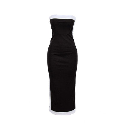 Strapless Contrast Stripe Panel Zip Back Tube Maxi Dress