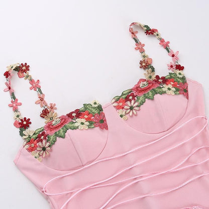 Sweetheart Neck Floral Embroidery Lace-Up Ribbon Bodycon Maxi Dress