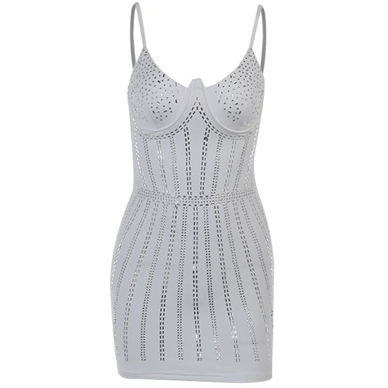 Rhinestone Embellished Sweetheart Neck Spaghetti Strap Corset Line Bodycon Mini Dress