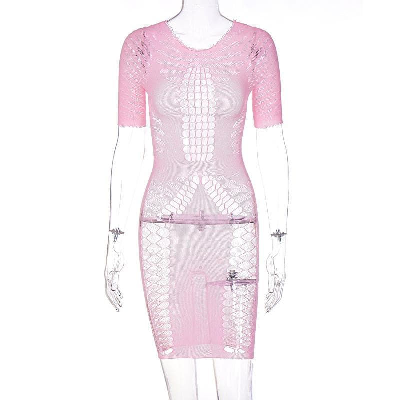 Crew Neck Short Sleeve Fishnet Mesh Hollow Out Bodycon Mini Dress