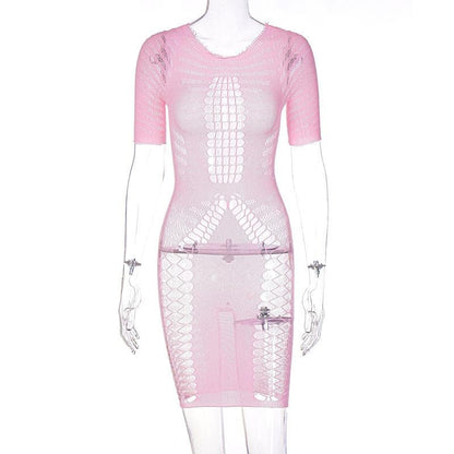 Crew Neck Short Sleeve Fishnet Mesh Hollow Out Bodycon Mini Dress