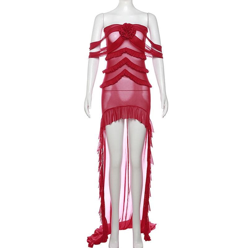 Strapless Tiered Ruffle Floral Applique Sheer Mesh High Low Maxi Dress