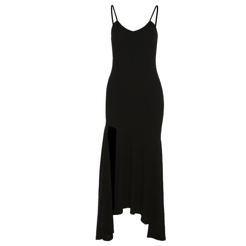 Spaghetti Strap V Neck Ruched Ruffle Hem High Slit Maxi Dress