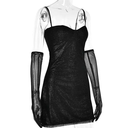 Sweetheart Neck Spaghetti Strap Glitter Side Slit Mesh Glove Mini Dress