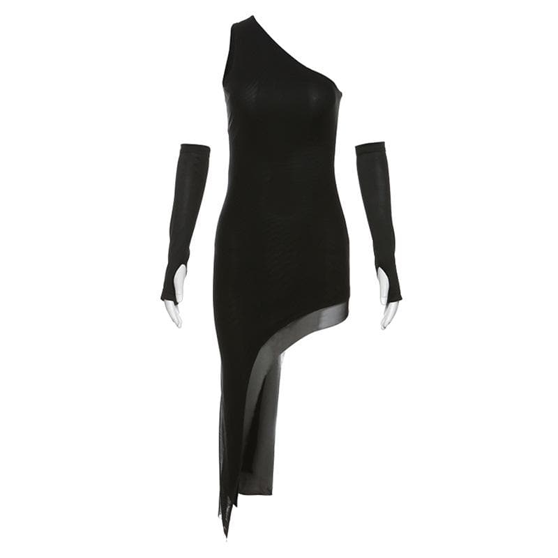 One-Shoulder Asymmetric Hem Sheer Mesh Panel Thumbhole Sleeve Mini Dress