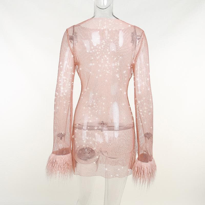 Sheer Mesh Feather Cuff Long Sleeve Round Neck Mini Dress