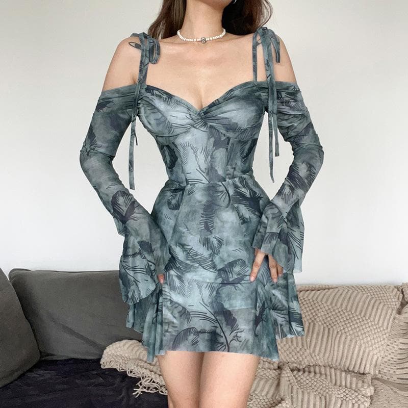 Cold Shoulder Halter Neck Tie Dye Ruched Sweetheart Babydoll Mini Dress