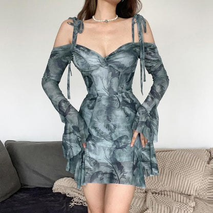 Cold Shoulder Halter Neck Tie Dye Ruched Sweetheart Babydoll Mini Dress
