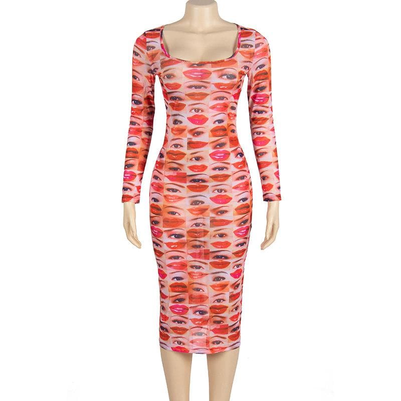 Scoop Neck Face Collage Graphic Sheer Mesh Long Sleeve Midi Dress