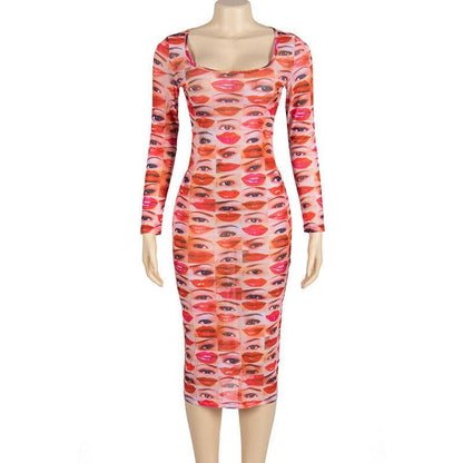 Scoop Neck Face Collage Graphic Sheer Mesh Long Sleeve Midi Dress