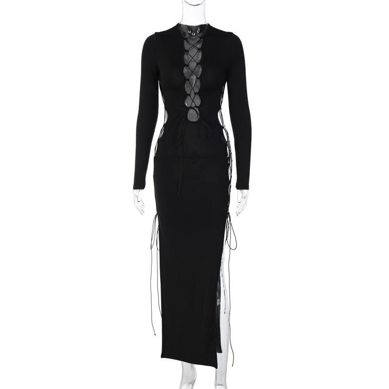 Long Sleeve Front Lace-Up Chest Cutout Side Slit Bodycon Maxi Dress