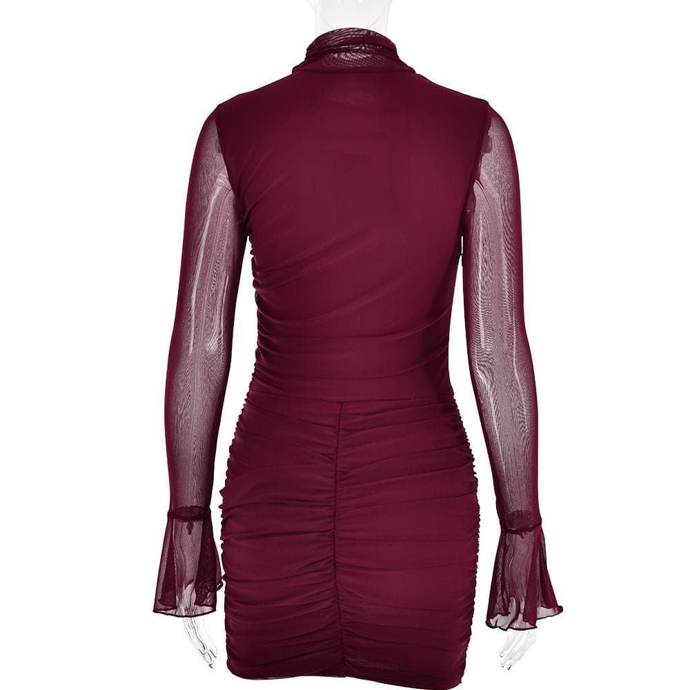 Mock Neck Sheer Mesh Bell Sleeve Horizontal Ruched Mini Dress