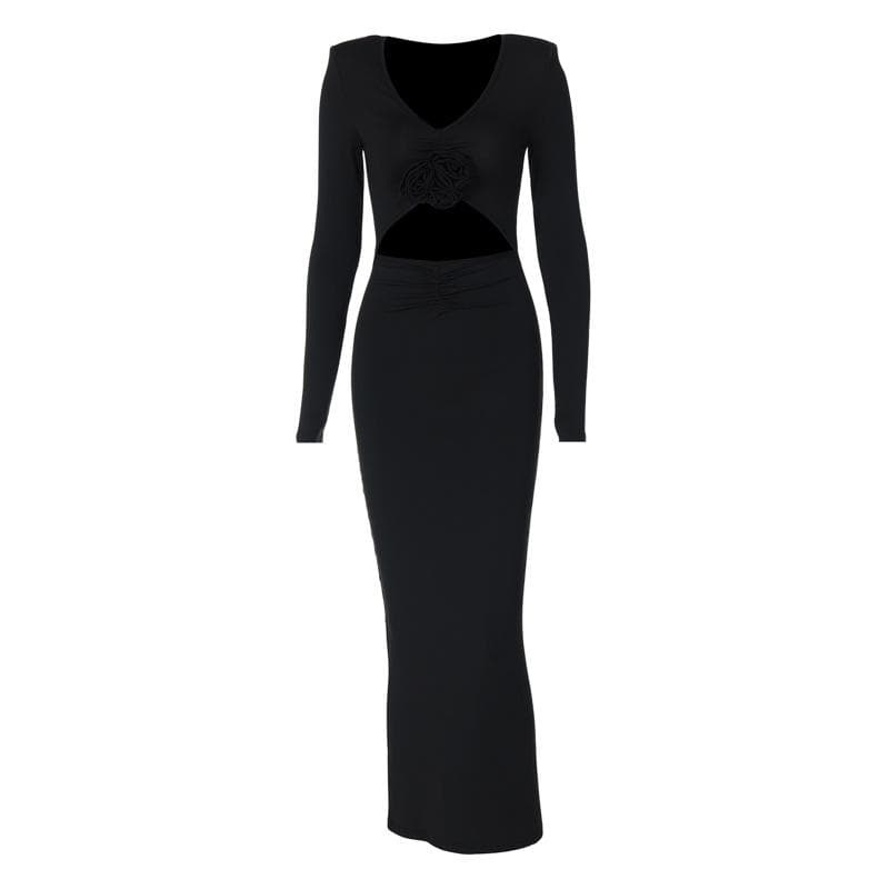 Deep V Neck 3D Rosette Applique Midriff Cutout Ruched Long Sleeve Maxi Dress