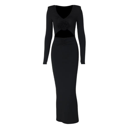 Deep V Neck 3D Rosette Applique Midriff Cutout Ruched Long Sleeve Maxi Dress