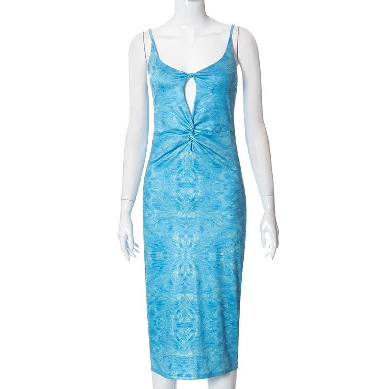 Deep V-Neck Keyhole Twist Front Marble Print Satin Maxi Dress