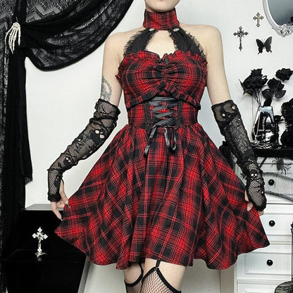 Plaid Halter Choker Keyhole Lace Up Corset Backless Mini Dress