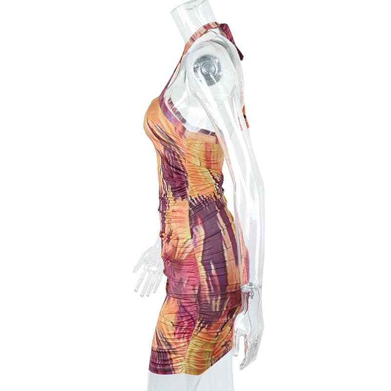 Abstract Marble Print Halter Ruched Bodycon Mini Dress