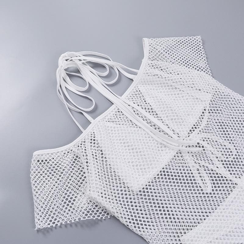 Off Shoulder Halter Tie Fishnet Mesh Bikini Cover Up Mini Dress