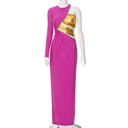 One-Shoulder Long Sleeve Diagonal Cutout Metallic Panel Bodycon Maxi Dress