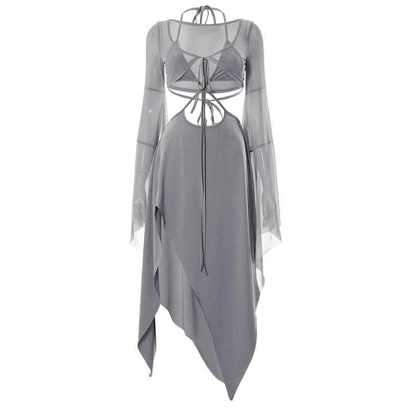 Halter Keyhole Self Tie Bell Sleeve Shrug Cutout Side Slit Handkerchief Hem Midi Dress
