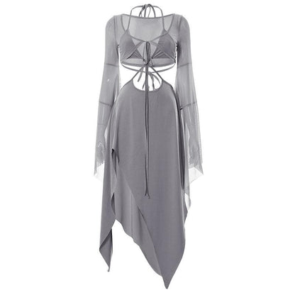Halter Keyhole Self Tie Bell Sleeve Shrug Cutout Side Slit Handkerchief Hem Midi Dress