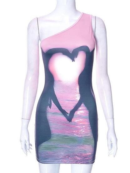 One Shoulder Swan Heart Sunset Graphic Bodycon Mini Dress