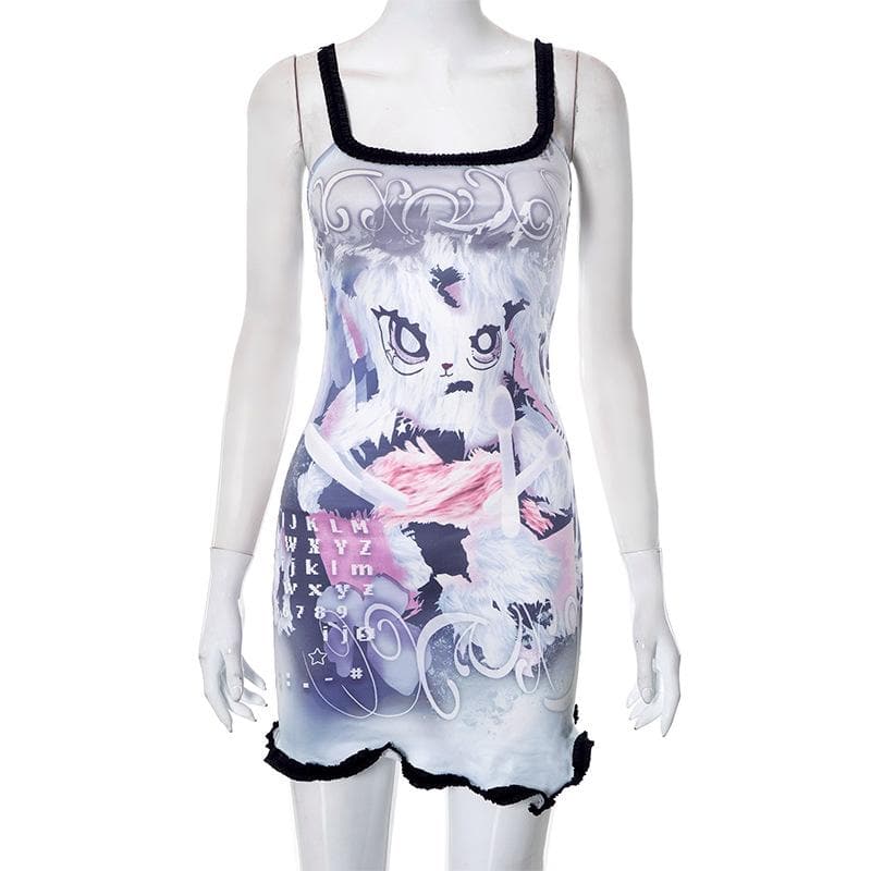 Cat Graphic Print Contrast Ruffle Trim Cami Mini Dress