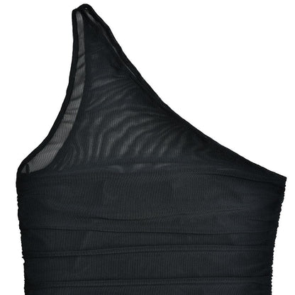 One Shoulder Mesh Panel Ruched Zip Up Mini Dress