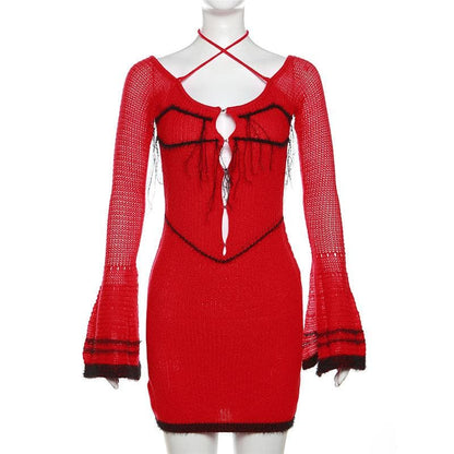 Crochet Halter Bell Sleeve Distressed Trim Cross Front Mini Dress