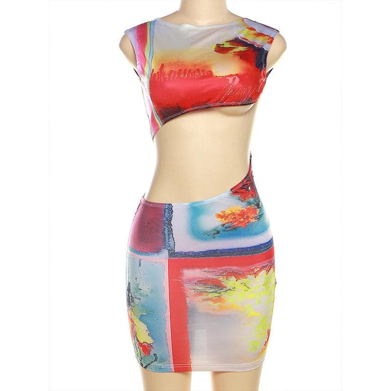 Abstract Landscape Print Cap Sleeve Waist Cutout Bodycon Mini Dress