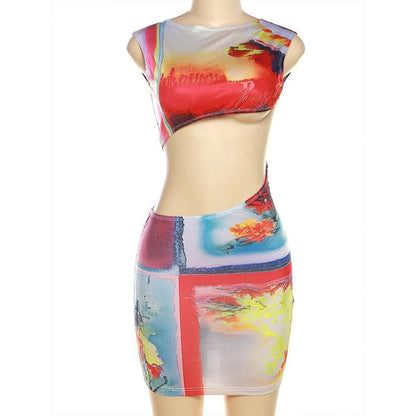 Abstract Landscape Print Cap Sleeve Waist Cutout Bodycon Mini Dress