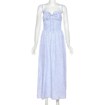 Smocked Tie Front Ditsy Floral Print Spaghetti Strap Maxi Dress
