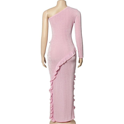 One-Shoulder Long Sleeve Diagonal Ruffle Trim Bodycon Maxi Dress