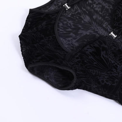 Flocked Butterfly Lace Cutout Buckle Bodycon Mini Dress