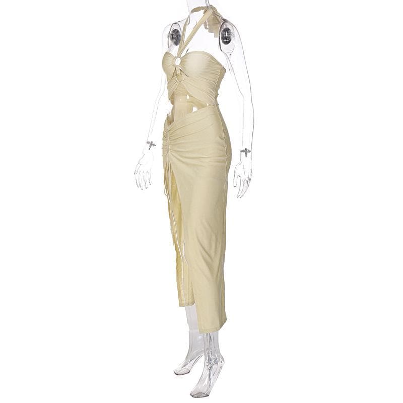 Halter Neck O Ring Cutout Ruched Drawstring High Slit Midi Dress