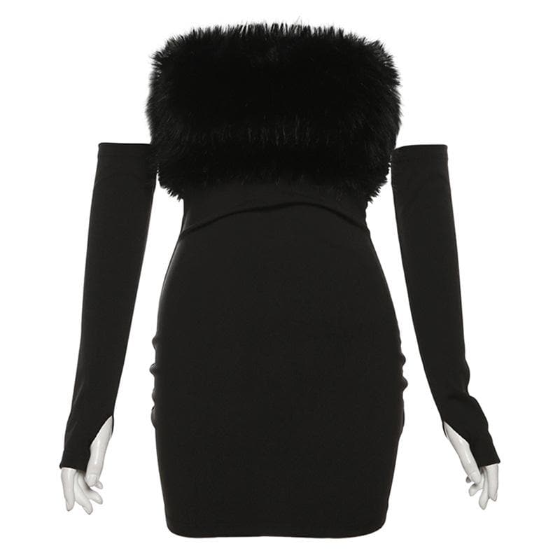 Faux Fur Trim Strapless Tube Mini Dress with Arm Warmers