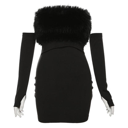 Faux Fur Trim Strapless Tube Mini Dress with Arm Warmers