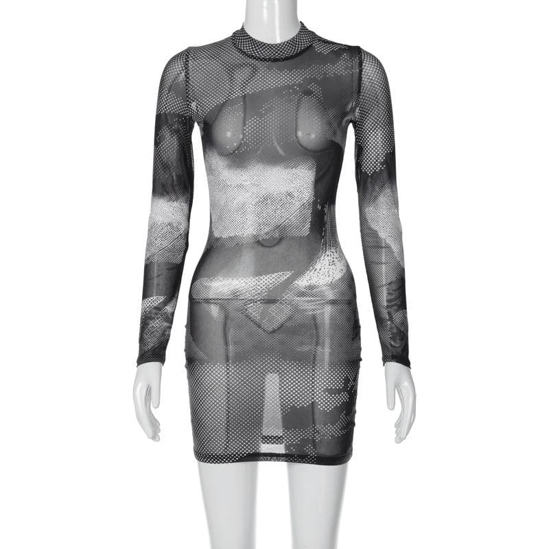 Mock Neck Long Sleeve Halftone Abstract Print Sheer Mesh Bodycon Mini Dress