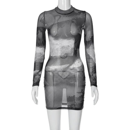 Mock Neck Long Sleeve Halftone Abstract Print Sheer Mesh Bodycon Mini Dress