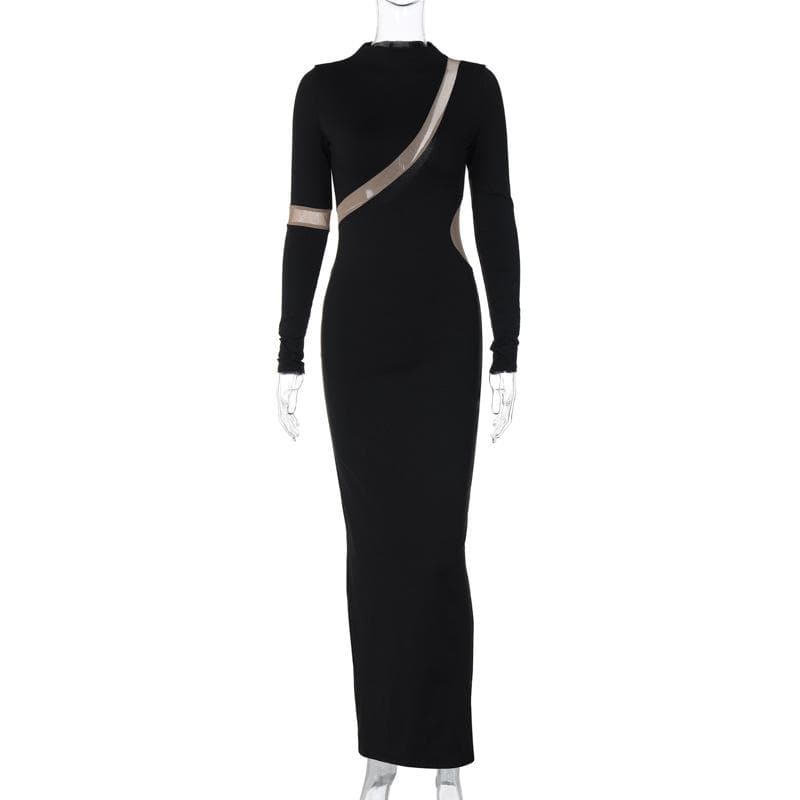 Mock Neck Long Sleeve Diagonal Mesh Panel Bodycon Maxi Dress