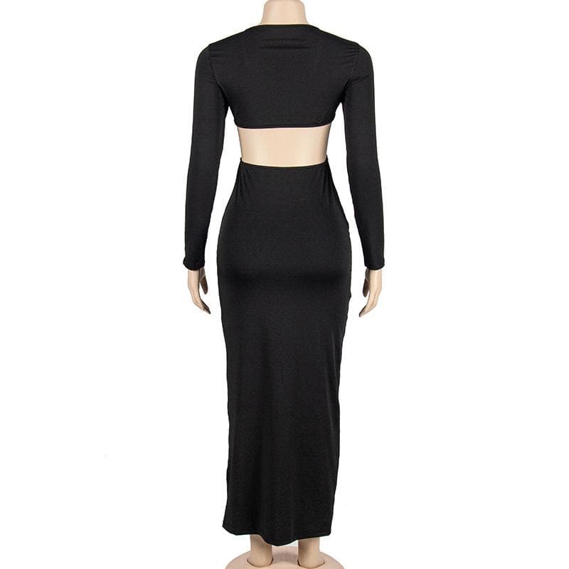 O-Ring Waist Cutout Deep V-Neck Long Sleeve Maxi Dress