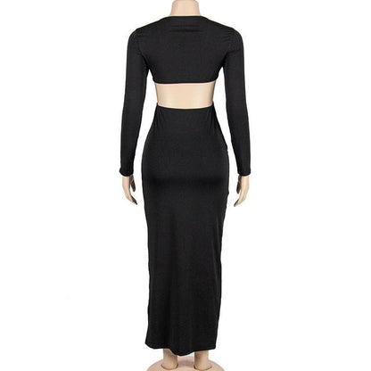 O-Ring Waist Cutout Deep V-Neck Long Sleeve Maxi Dress