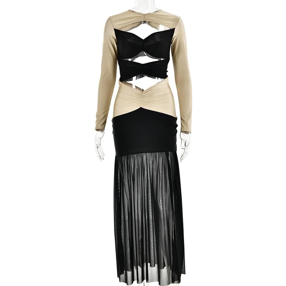 Long Sleeve Cutout Contrast Panel Ruched Waist Sheer Mermaid Maxi Dress