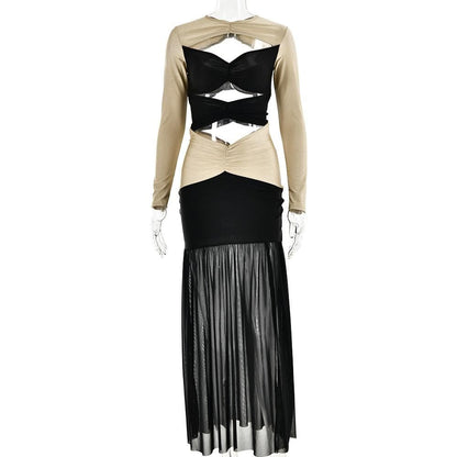 Long Sleeve Cutout Contrast Panel Ruched Waist Sheer Mermaid Maxi Dress