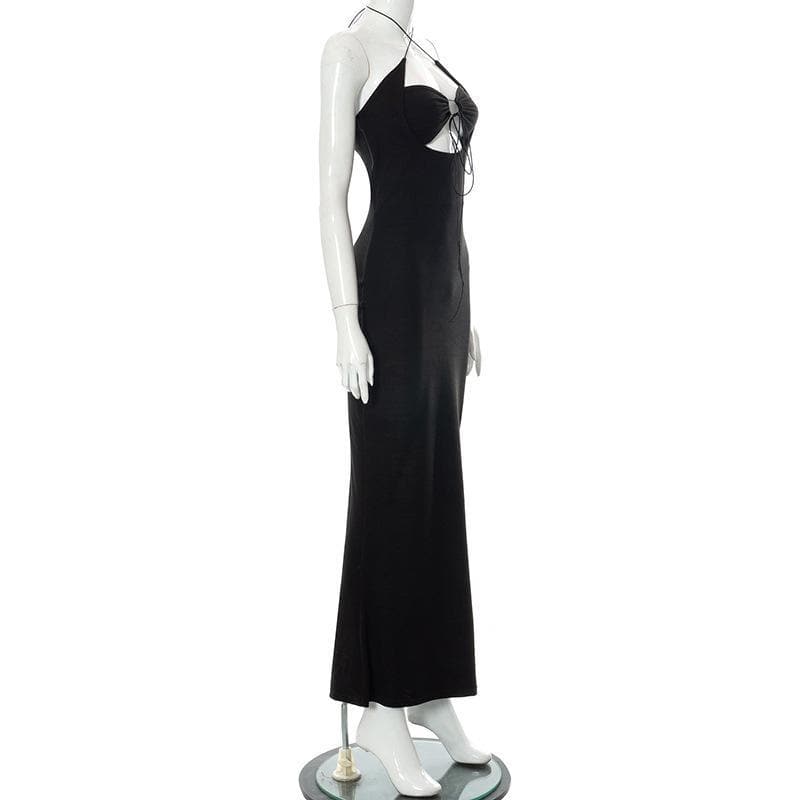 Halter Neck Cutout Gathered Bust String Detail Bodycon Maxi Dress