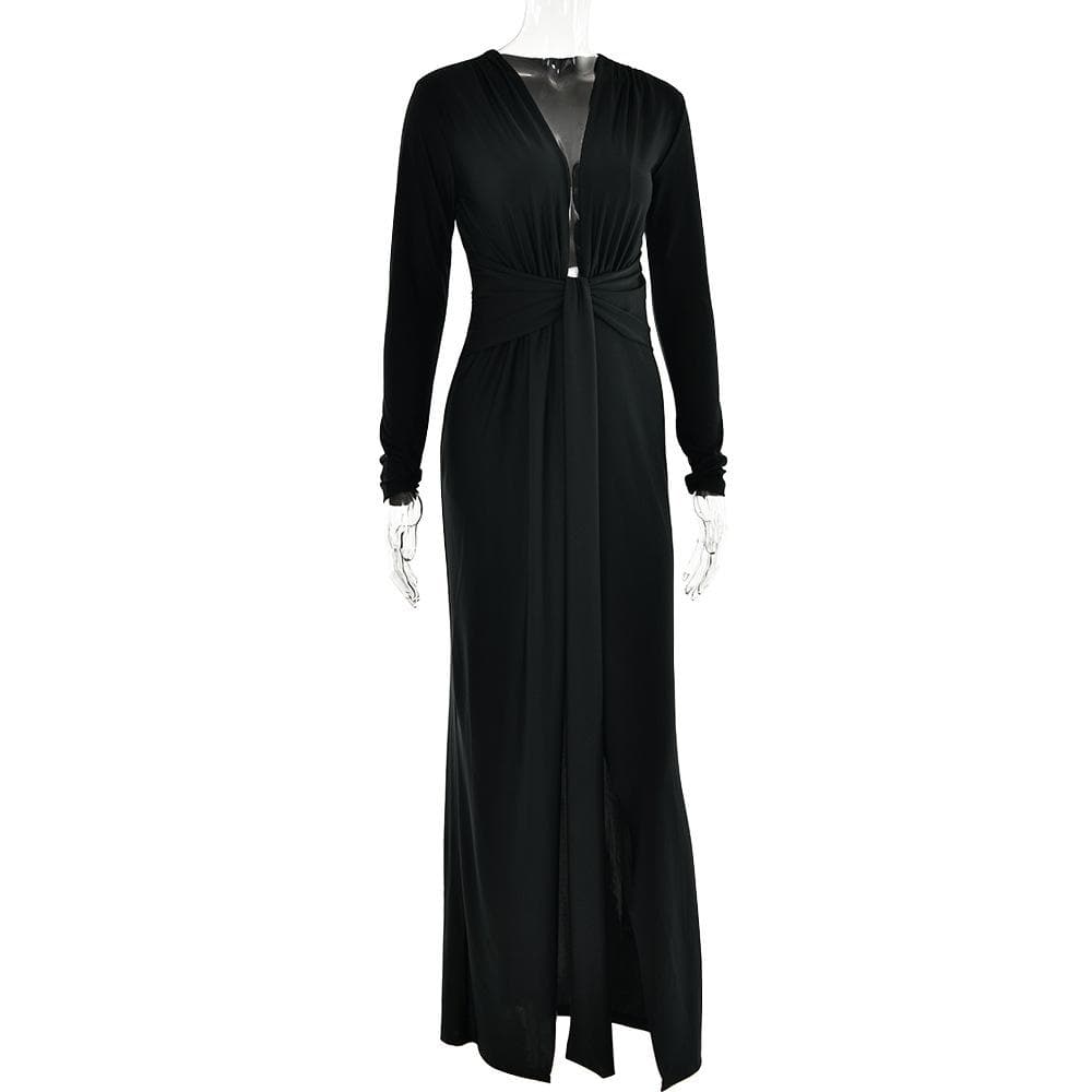 Long Sleeve Deep V Neck Knot Waist Ruched Gathered Maxi Dress