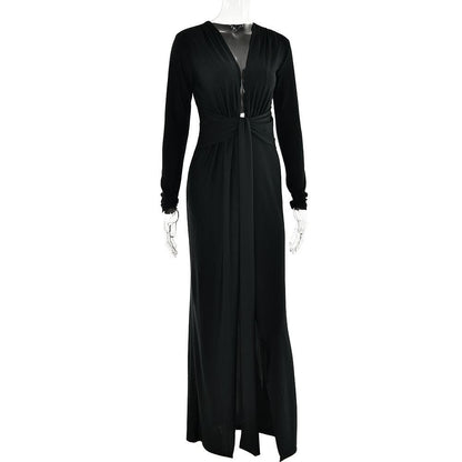 Long Sleeve Deep V Neck Knot Waist Ruched Gathered Maxi Dress