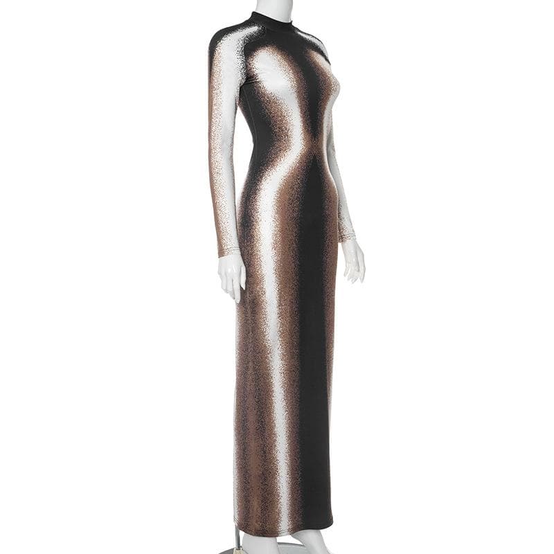 Mock Neck Long Sleeve Abstract Airbrush Print Bodycon Maxi Dress